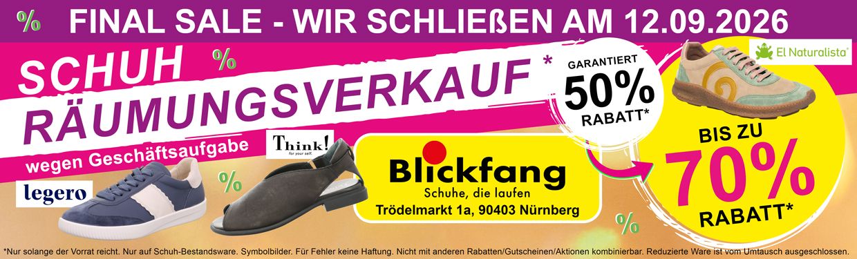 Schuh-Räumungsverkauf bis zu 60% RABATT Blickfang – Schuhe, die laufen Nürnberg Schuh-Räumungsverkauf bis zu 60% RABATT Blickfang – Schuhe, die laufen Nürnberg