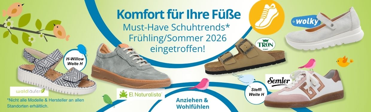 Bequemschuhe Frühling-Sommer 2026 Banner Komfort- und Bequemschuhe in Nürnberg und Umgebung der Frühling- und Sommerkollektion 2026.