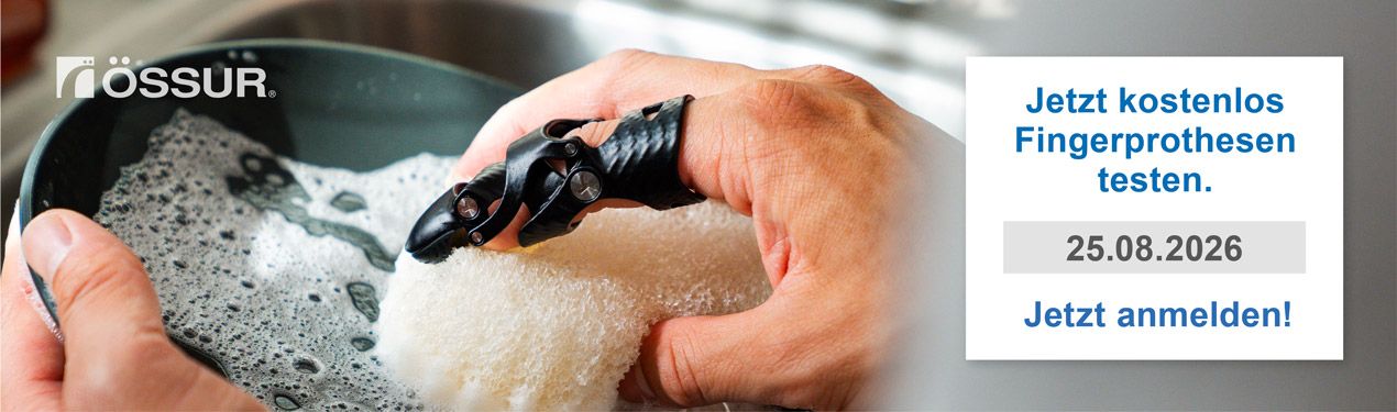 Eine Hand mit Fingerprothese am Zeigefinger wäscht Geschirr. Jetzt kostenlos Fingerprothesen testen. 28.08.2026