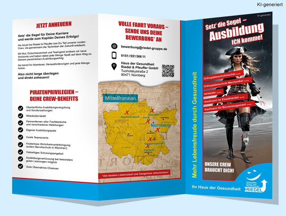 Flyer Ausbildung Sanitätshaus Setz‘ die Segel – Ausbildung ICH komme! Unsere Crew braucht Dich! (KI-generiertes Bild)