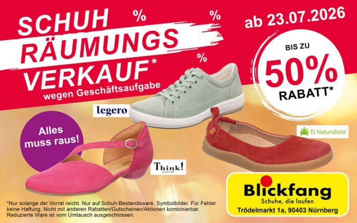 Schuh-Räumungsverkauf wegen Geschäftsaufgabe ab 23.07.2026, bis zu 50 % Rabatt, Blickfang Schuhe, die laufen