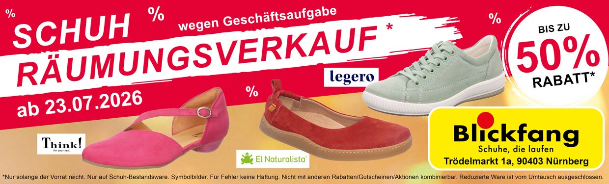 Schuh-Räumungsverkauf bis zu 50% RABATT Blickfang – Schuhe, die laufen Nürnberg