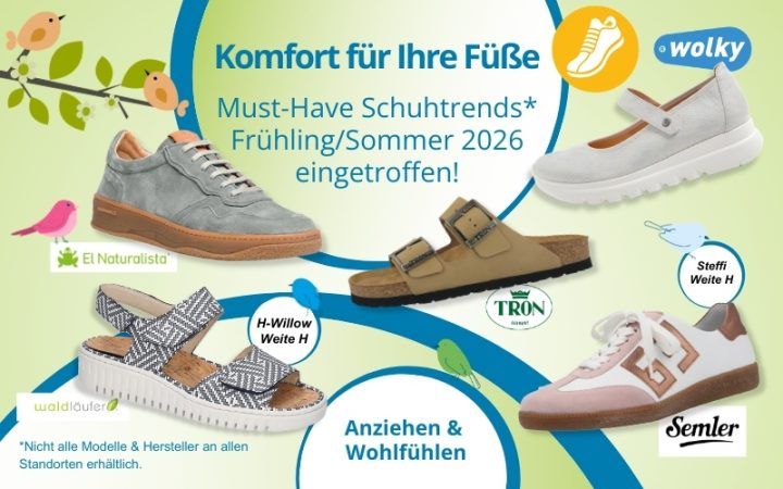 Die Grafik zeigt die Komfort- und Bequemschuhe in Nürnberg und Umgebung der Frühling- und Sommerkollektion 2026.
