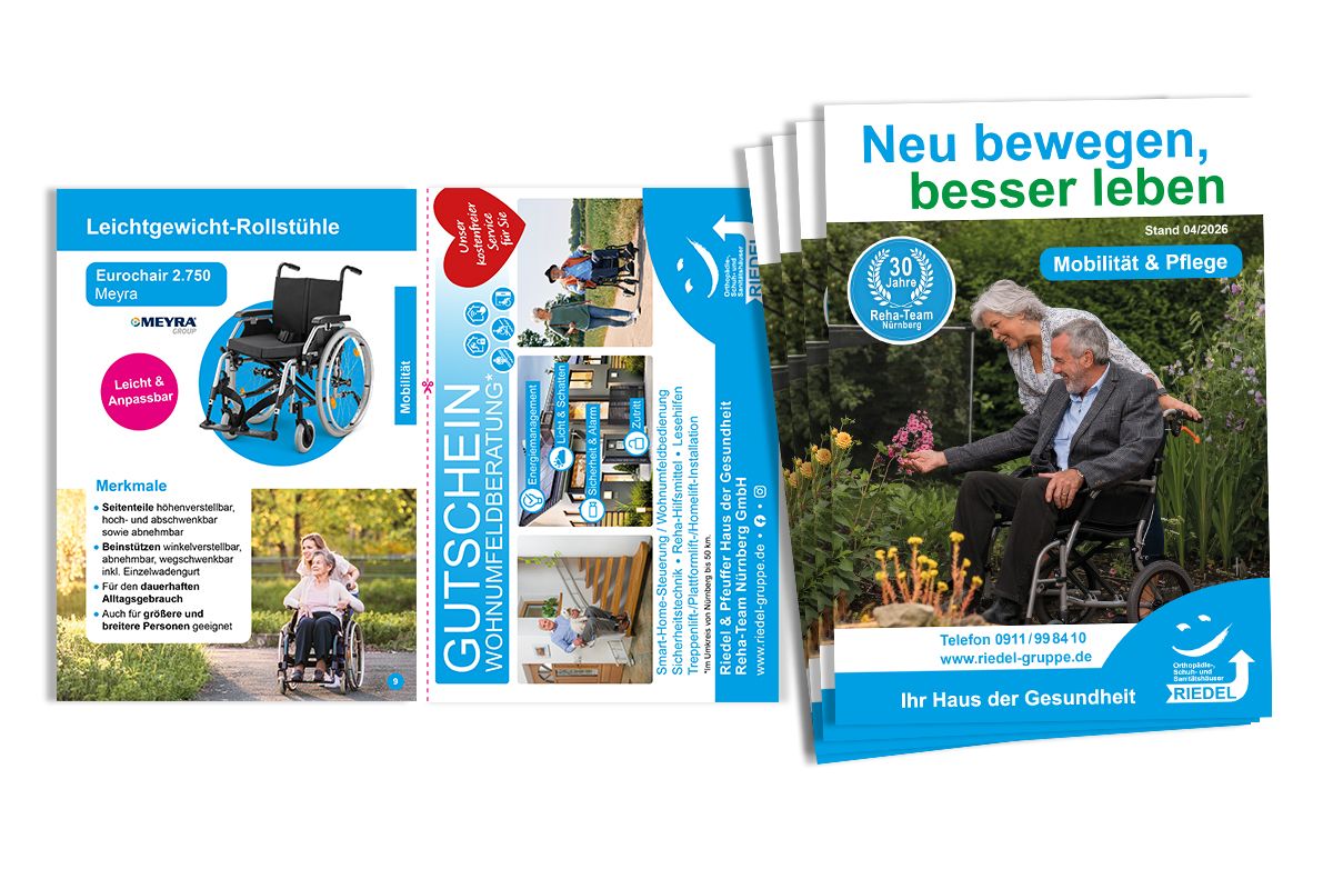 Broschüre Design Reha Hilfsmittel Mobilität und Pflege - Reha Team Nürnberg, Riedel und Pfeuffer
