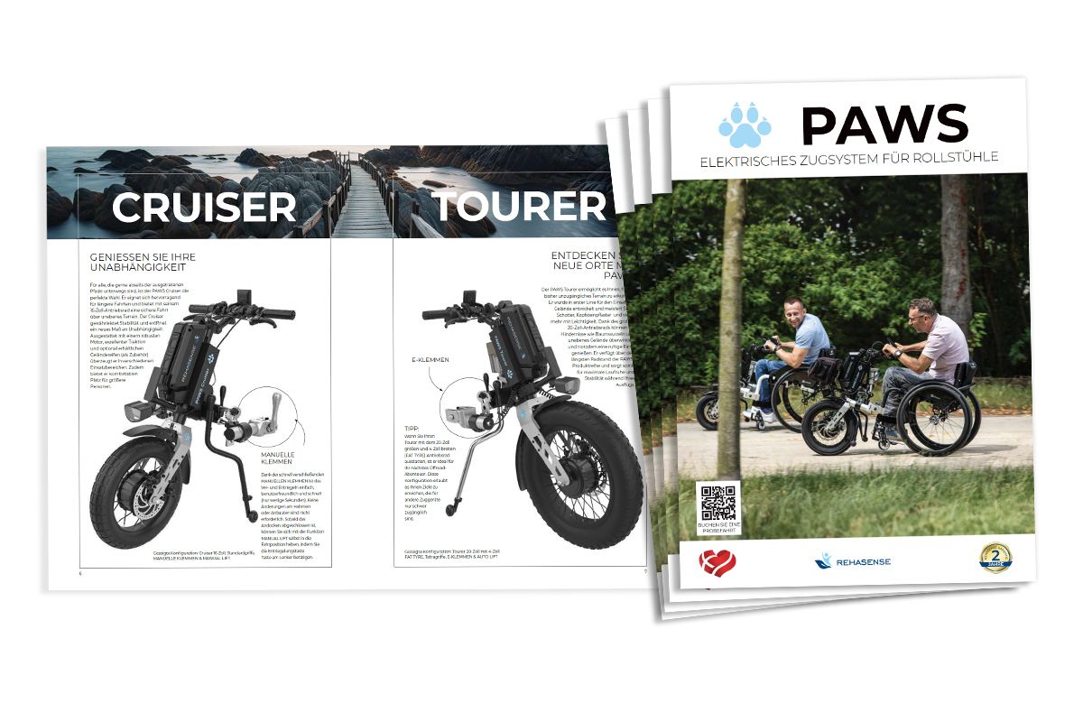 Flyer: Elektrisches Zugsystem PAWS für Rollstühle von Rehasense