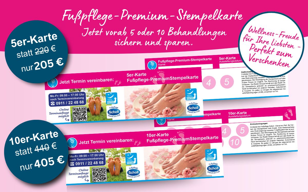Fusspflege-Premiun-Stempelkarte Fußpflege-Premium-Stempelkarte. Jetzt vorab 5 oder 10 Behandlungen sichern und sparen.