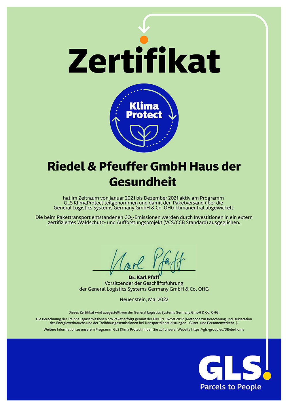 Zertifikat GLS Klima Protect