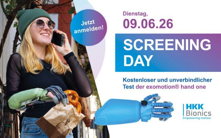Eine Frau mit Handlähmung trägt die exomotion hand one Handorthese. Jetzt zum Screening Day am 09.06.2026 anmelden!