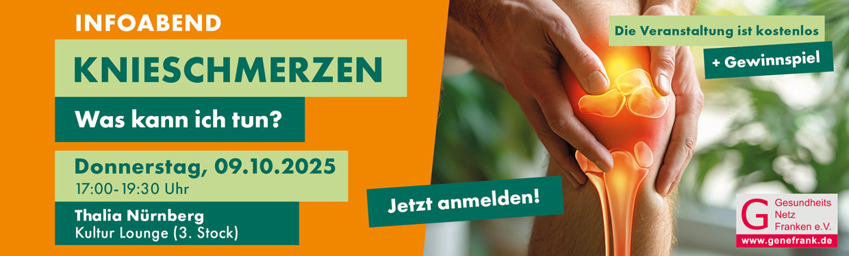 Die Grafik mit den Knieschmerzen dient als Informationsgrundlage für den Infoabend von Genefrank in Thalia in Nürnberg, der am 09.10.2025 um 17 Uhr stattfindet.