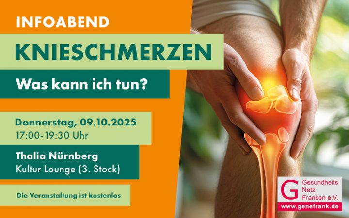 Die Grafik mit den Knieschmerzen dient als Informationsgrundlage für den Infoabend von Genefrank in Thalia in Nürnberg, der am 09.10.2025 um 17 Uhr stattfindet.