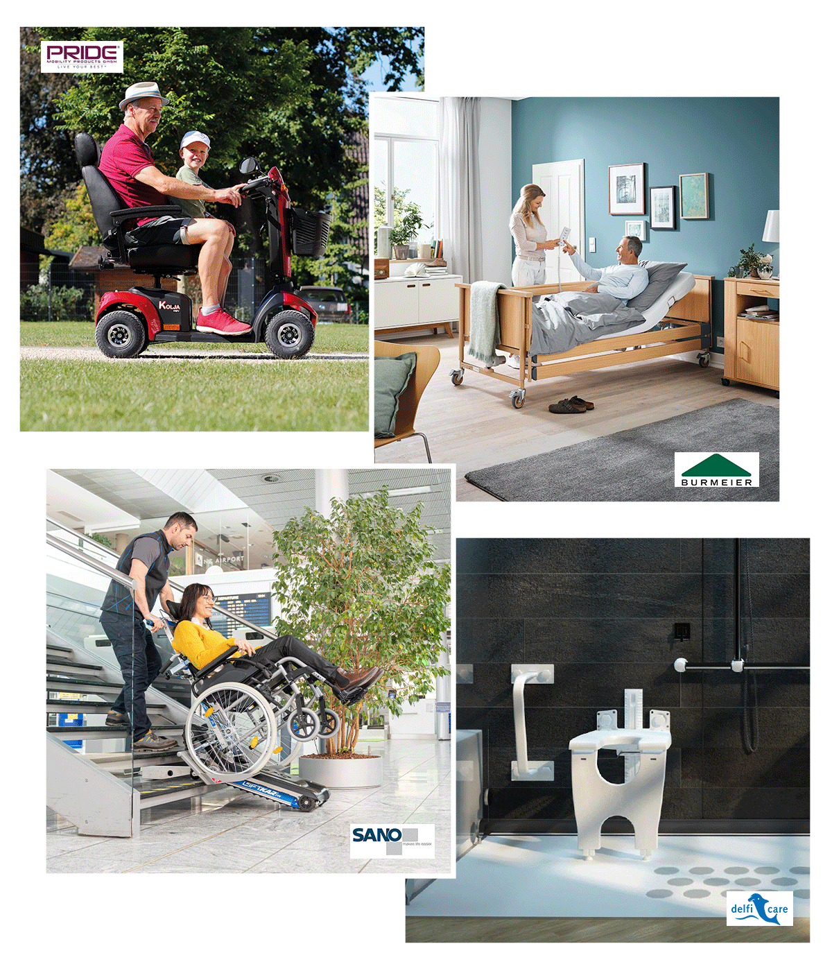 Grafik zur Rehatechnik, Elektromobile und E-Scooter, Pflegebetten, Duschen, Bäder und WCs, Trepensteighilfen.