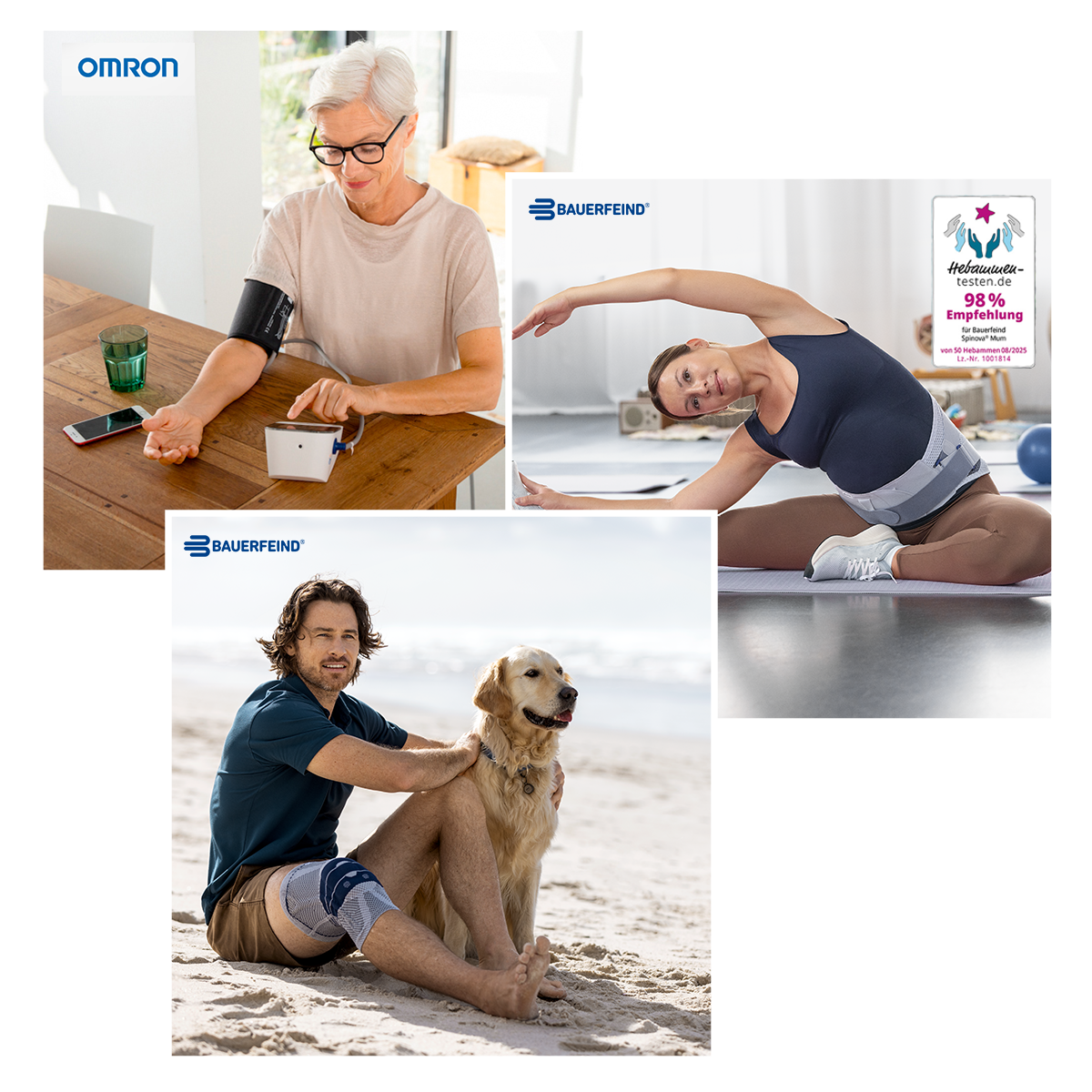 Blutdruckmessgerät Omron, Schwangerschafts-Rückenorthese Bauerfeind, Kniebandage Bauerfeind Kollektion von Produkten des Sanitätshandels: Blutdruckmessgerät, Schwangerschafts-Rückenorthese, Kniebandage.