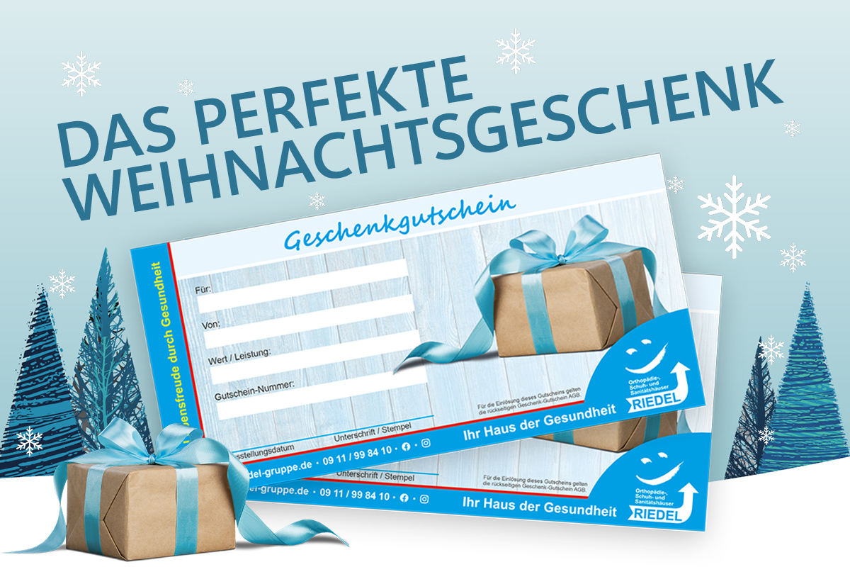 Weihnachtsgeschenk Sanitätshaus Riedel & Pfeuffer Geschenk-Gutschein Grafik für den Weihnachtsgutschein des Sanitätshauses Riedel & Pfeuffer in Nürnberg und Umgebung