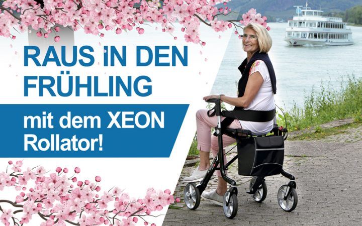 Raus in den Frühling mit dem Xeon Rollator! Eine Frau sitzt auf dem Xeon Rollator Carbon am See.