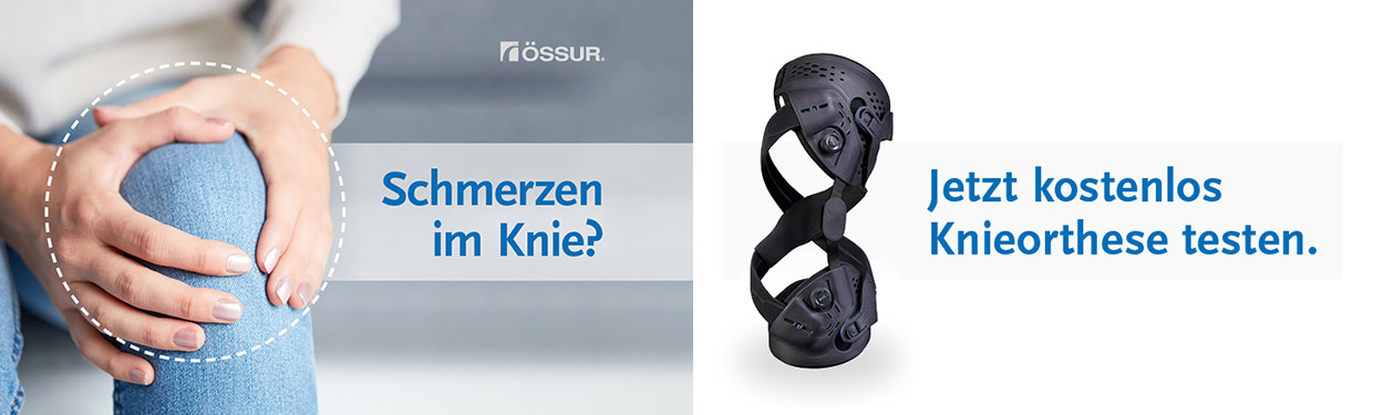 Eine Frau fasst sich ans Knie. Schmerzen im Knie? Jetzt kostenlos Knieorthese testen. Logo der Firma Össur.