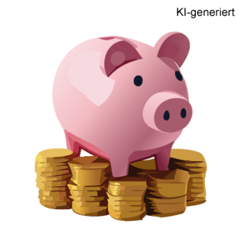 Grafik Zuschüsse ein rosafarbenes Sparschwein steht auf einem Haufen Geldmünzen (KI-generiertes Bild)