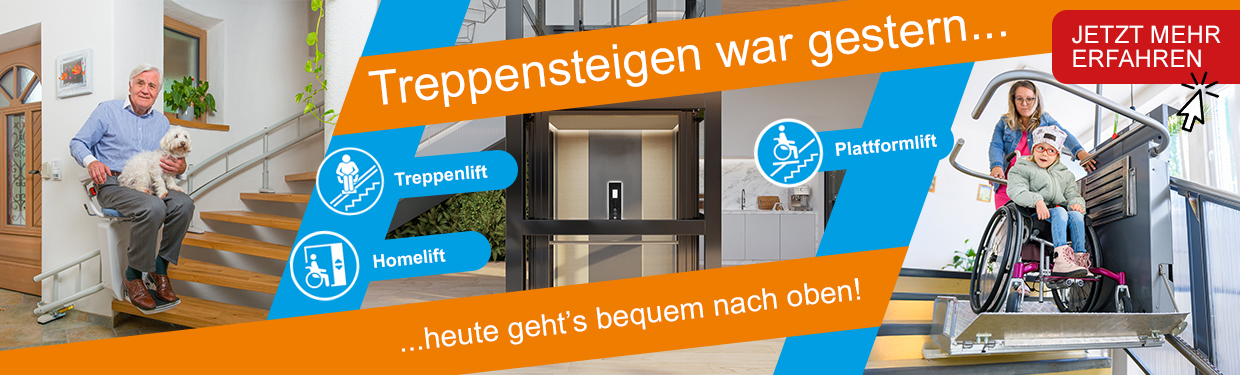 Grafik zu drei verschiedenen Liften. Als Sanitätshaus in Nürnberg bieten wir Treppenlifte, Homelifte und Plattformlifte.