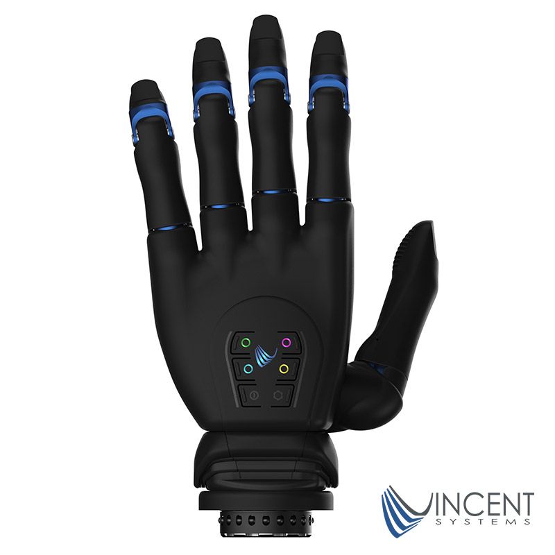 Schwarze myoelektrische Handprothese, Bedienfeld mit sechs Tasten, Flexgelenk